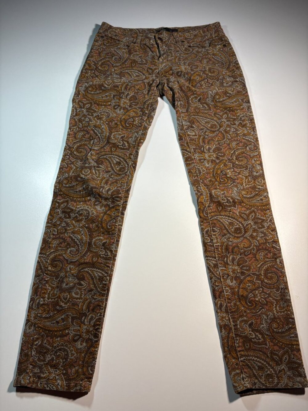 prAna Corduroy Paisley Pants Womens Size 4 Boho Stretch Skinny Brown Gold Festiv